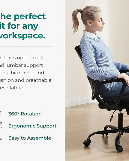 SMUG Office Computer Desk Ergonomic Mid-Back Mesh Rolling Work Swivel Task Chairs with Wheels, Comfortable Lumbar Support, Comfy Arms for Home, Bedroom, Study, Dorm, Student, Adults, Black - LeafyLoom