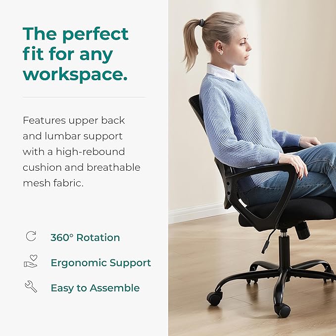 SMUG Office Computer Desk Ergonomic Mid-Back Mesh Rolling Work Swivel Task Chairs with Wheels, Comfortable Lumbar Support, Comfy Arms for Home, Bedroom, Study, Dorm, Student, Adults, Black - LeafyLoom