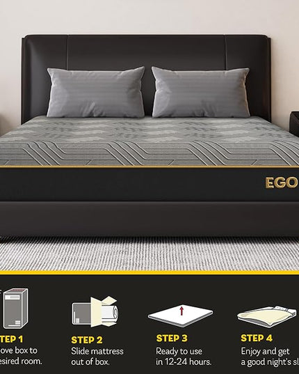 EGOHOME 12 Inch Queen Mattress, Copper Gel Cooling Memory Foam Mattress for Back Pain Relief,Therapeutic Double Matress Bed in a Box, CertiPUR-US Certified, 60x80x12 Black - LeafyLoom