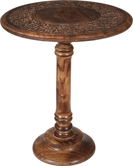 Round End Table,Small Table,Side Table, Side Tables Living Room,End Table,Round Side Table,Altar Table, Carved Side Table,Wood Accent Table,Carved Wood Table Single Pillar 18x22 inch Burnt - LeafyLoom