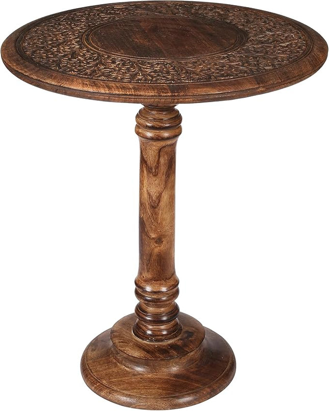 Round End Table,Small Table,Side Table, Side Tables Living Room,End Table,Round Side Table,Altar Table, Carved Side Table,Wood Accent Table,Carved Wood Table Single Pillar 18x22 inch Burnt - LeafyLoom