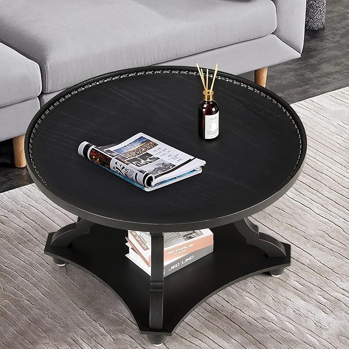 Wnutrees Farmhouse Round Coffee Table,Wood Tray Top Circle Coffee Table with Storage Shelf Rustic Style for Living Room and Vintage Finish,Black - LeafyLoom