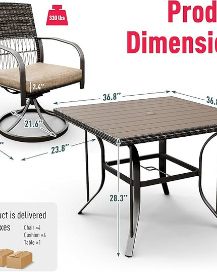 Pamapic 5 Piece Patio Dining Set for 4,Outdoor Wicker Furniture Set for Backyard Garden Deck Poolside with 4 Cushions Swivel Rocker Chairs,Square Plastic-Wood Table Top, Removable Cushions(Beige) - LeafyLoom