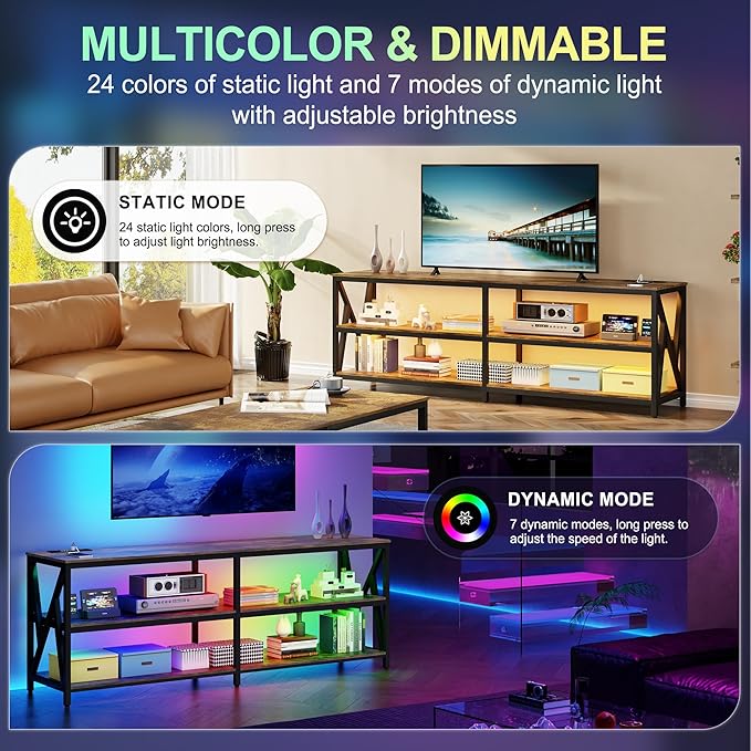 Lvifur LED TV Stand for 65 70 75 inch TV, Auto Sensor Entertainment Center with RGB Dimmable Lights, TV Console Table with Open Storage Shelves and Metal Frame (Rustic Brown) - LeafyLoom