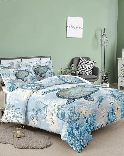 NINENINE Sea Turtle Comforter Set Twin Size for Kids Girls Boys,Ocean Themed Turtle Printed Aqua Blue Bedding Coral Sailboat Bed Set with 1 Comforter 1Pillowcase… - LeafyLoom