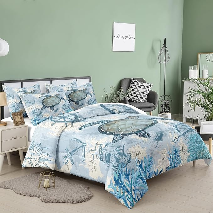 NINENINE Sea Turtle Comforter Set Twin Size for Kids Girls Boys,Ocean Themed Turtle Printed Aqua Blue Bedding Coral Sailboat Bed Set with 1 Comforter 1Pillowcase… - LeafyLoom