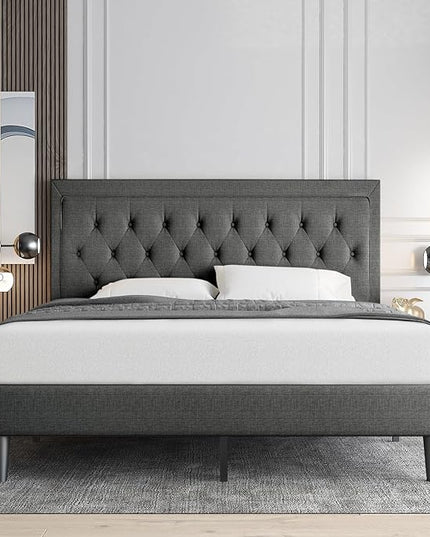 Allewie King Size Platform Bed Frame/Fabric Upholstered Bed Frame with Diamond Button Tufted Headboard/Adjustable Headboard/Wood Slat Support/Mattress Foundation/Dark Grey (King) - LeafyLoom