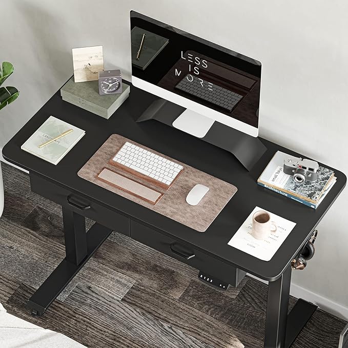 BANTI 48'' Adjustable Height Electric Standing Desk with Double Drawer, Stand Up Home Office Desk with Splice Tabletop, Black - LeafyLoom