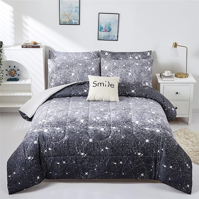 Grey Glitter Comforter Set Twin Size for Boys Teen, Sparkle Galaxy Twinkle Starlight Comforter for Kids Adult, 2 Piece Black Grey Ombre Bedding Set with 1 Pillow Case(Grey,Twin) - LeafyLoom