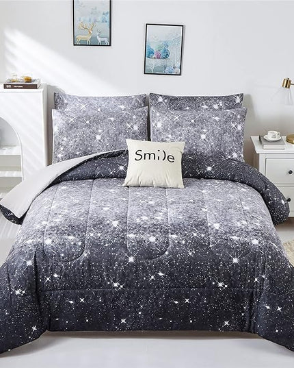 Grey Glitter Comforter Set Full/Queen Size for Boys Teen, Sparkle Galaxy Twinkle Starlight Comforter for Kids Adult, 3 Piece Black Grey Ombre Bedding Set with 2 Pillow Cases(Grey,Queen) - LeafyLoom