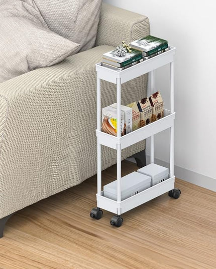 Sooyee 3 Tier Rolling Cart with Wheels,Slim Storage Cart,Narrow Storage Cabinet,Under Desk Storage,Rolling Utility Cart Storage Organizer for Office Bathroom Kitchen Laundry Room Narrow Places, White - LeafyLoom