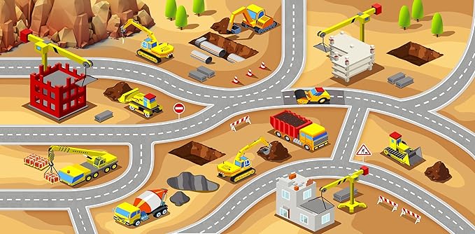 Booooom Jackson Construction Car Rug Play Mat, Non-Slip Kids Rug,Car Play Rug,Construction Rug Play Car Mat,Car Play Carpet,Construction Road Rug,Construction Site Rug,Construction Vehicle Play Mat - LeafyLoom