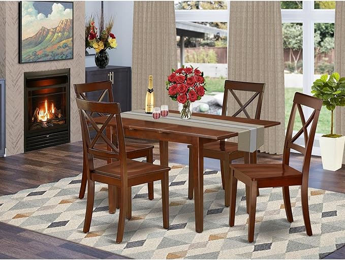 East West Furniture Picasso 5 Piece Dinette Set for 4 includes a Rectangle Table with Butterfly Leaf and 4 Dining Room Chairs, 32x60 Inch, Mahogany - LeafyLoom