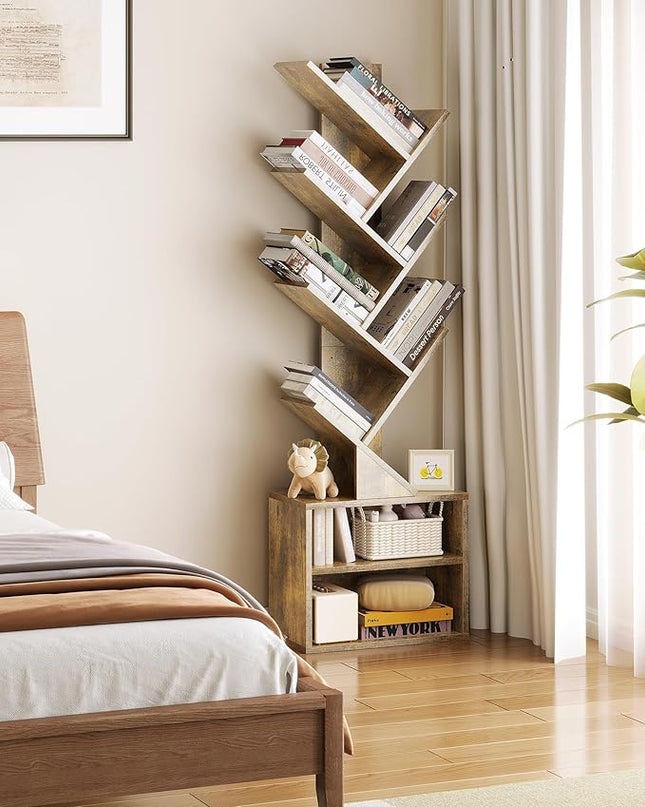 SUNMORY 6 Tier Tree Bookshelf, Small Bookcase with Storage Cabinet, Modern Tall Narrow Bookshelves Organizer, Floor Standing Book Shelf for Bedroom/Living Room/Home Office/Corner, Rustic Brown - LeafyLoom