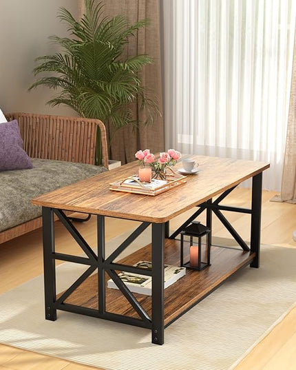 GreenForest Coffee Table with Round Corner, Farmhouse Center Table with 2-Tier Storage Shelf X-Frame Design for Living Room, 39 inch Walnut - LeafyLoom