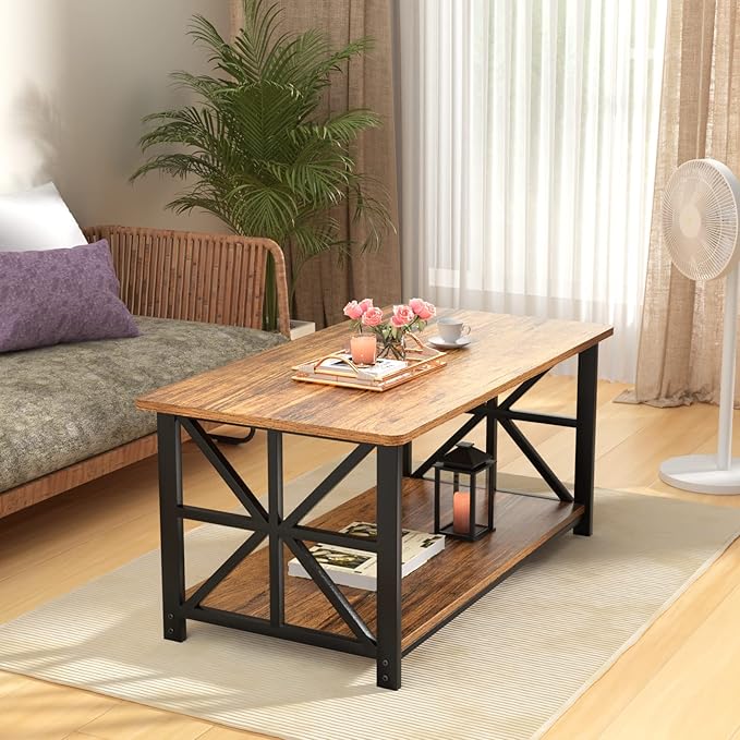 GreenForest Coffee Table with Round Corner, Farmhouse Center Table with 2-Tier Storage Shelf X-Frame Design for Living Room, 39 inch Walnut - LeafyLoom
