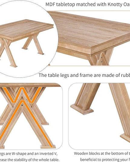 Retro 59" L Rectangular Unique Legs and 4 Upholstered Chairs & 1 Bench, Rubber, Easy Assembly, for Kitchen, Room, 6 Piece Dining Table Set, Natural Wood Wash 11 - LeafyLoom