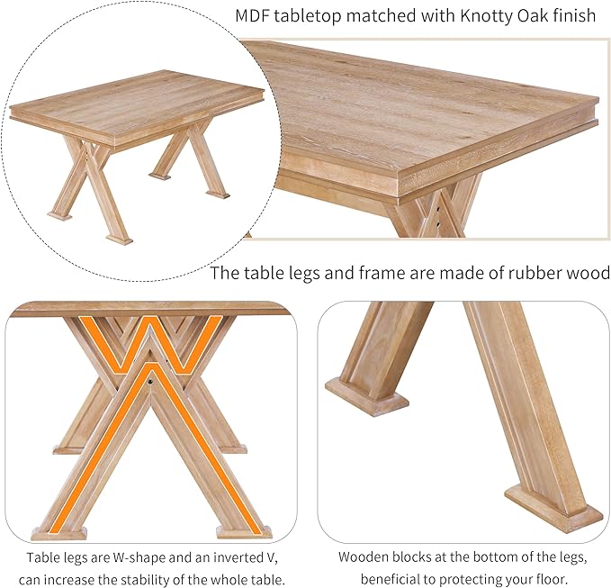 Retro 59" L Rectangular Unique Legs and 4 Upholstered Chairs & 1 Bench, Rubber, Easy Assembly, for Kitchen, Room, 6 Piece Dining Table Set, Natural Wood Wash 11 - LeafyLoom