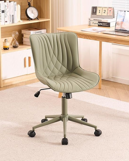 YOUTASTE Deep Green Office Chair Modern Armless Desk Chair with Wheels Adjustable Swivel Rocking Rolling Computer Study Chairs Faux Leather Sewing Chairs with Back Stylish Vanity Chair - LeafyLoom
