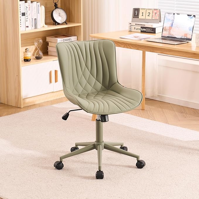 YOUTASTE Deep Green Office Chair Modern Armless Desk Chair with Wheels Adjustable Swivel Rocking Rolling Computer Study Chairs Faux Leather Sewing Chairs with Back Stylish Vanity Chair - LeafyLoom