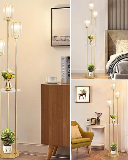 HMVPL Gold Floor Lamps for Living Room, Modern Floor Lamp with Shelves, Crystal Standing Lamps with Table, Brass Floor Lamp with Crystal Shade, On/Off Switch, Mid Century Corner Floor Lamp for Bedroom - LeafyLoom