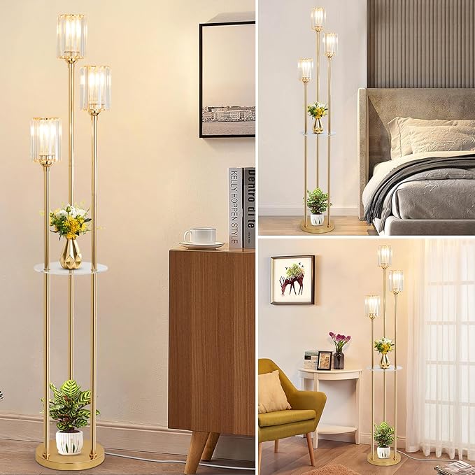 HMVPL Gold Floor Lamps for Living Room, Modern Floor Lamp with Shelves, Crystal Standing Lamps with Table, Brass Floor Lamp with Crystal Shade, On/Off Switch, Mid Century Corner Floor Lamp for Bedroom - LeafyLoom