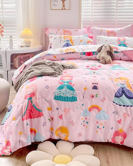 Wajade Kids Pink Princess Comforter Set Bed in A Bag Queen Size 7 Piece Princess Fairy Tales Castle Bedding Set for Girl (1 Comforter, 1 Flat Sheet, 1 Fitted Sheet, 2 Pillowcase and 2 Pillow Sham) - LeafyLoom