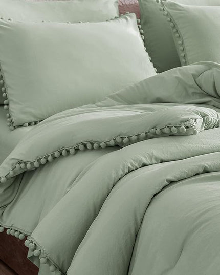 Litanika King Size Comforter Set Sage Green,3 Pieces Sage Green Boho Pom Pom Lightweight Bed Comforter, All Season Soft Solid Color Bedding Comforter Sets (1 Comforter 104x90 Inch, 2 Pillowcases) - LeafyLoom