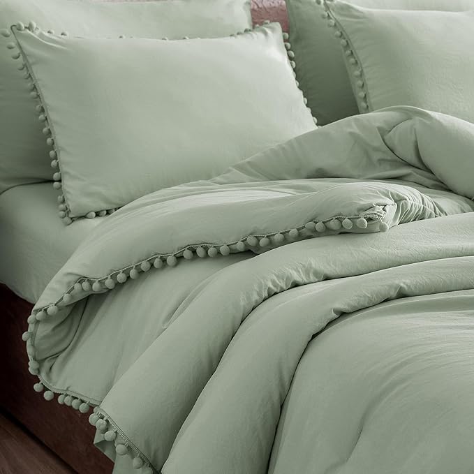 Litanika King Size Comforter Set Sage Green,3 Pieces Sage Green Boho Pom Pom Lightweight Bed Comforter, All Season Soft Solid Color Bedding Comforter Sets (1 Comforter 104x90 Inch, 2 Pillowcases) - LeafyLoom