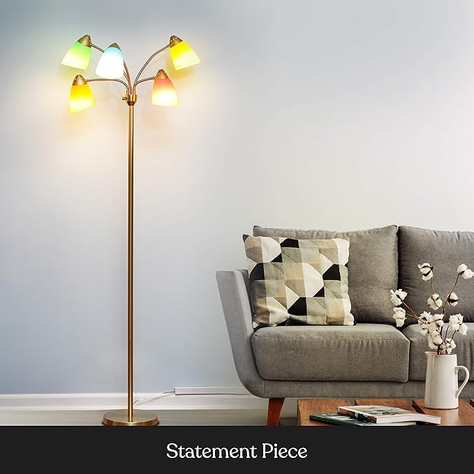 Brightech Medusa LED Floor Lamp – Multi-Head Dimmable Floor Lamp for Living Rooms & Offices – Tall Lamp with Interchangeable Shades, Adjustable Standing Lamp for Bedroom Reading – Brass/Gold - LeafyLoom