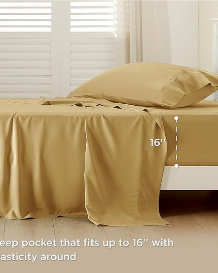 Bedsure Twin XL Sheet Set Dorm Bedding, Cooling Sheets Twin Extra Long Sheets, Rayon Derived from Bamboo, Deep Pocket Up to 16", Hotel Luxury Silky Bedding Sheets & Pillowcases, Gold - LeafyLoom