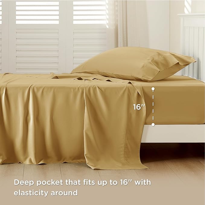 Bedsure Twin XL Sheet Set Dorm Bedding, Cooling Sheets Twin Extra Long Sheets, Rayon Derived from Bamboo, Deep Pocket Up to 16", Hotel Luxury Silky Bedding Sheets & Pillowcases, Gold - LeafyLoom