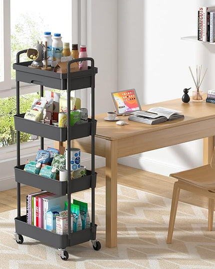 4-Tier Rolling Cart，Trolley with Drawer, Kitchen Storage Organizer with Plastic Shelf & Metal Wheels, Storage Cart for Living Room, Kitchen, Office, Bathroom, Black - LeafyLoom