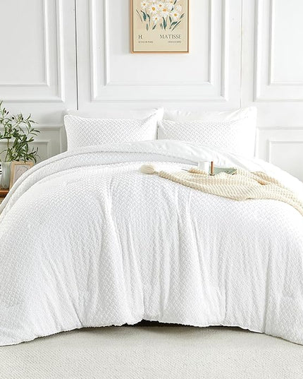 Queen Size Tufted Kids Comforter Set 7 Piece White Jacquard Tufts Embroidery Bedding Set for Boys Girls Bed in A Bag Quilt with 1 Comforter, 1 Flat Sheet, 1 Fitted Sheet, 2 Pillowcase, 2 Pillow Sham - LeafyLoom