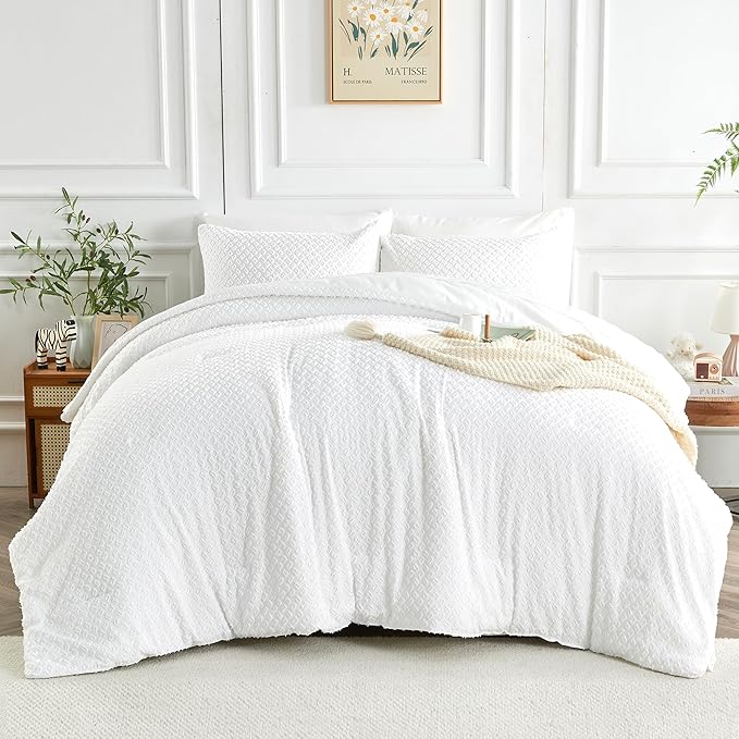 Queen Size Tufted Kids Comforter Set 7 Piece White Jacquard Tufts Embroidery Bedding Set for Boys Girls Bed in A Bag Quilt with 1 Comforter, 1 Flat Sheet, 1 Fitted Sheet, 2 Pillowcase, 2 Pillow Sham - LeafyLoom