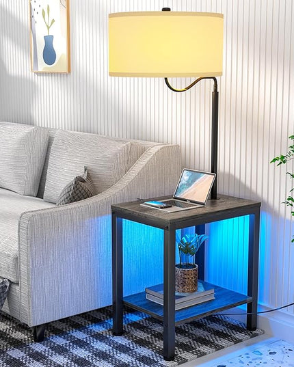 LED Floor Lamp with Table, Side Table with LED Light and Power Outlet, Bedside Nightstand with Lamp, End Table with Lamp Attached for Living Room, Bedroom, USB Ports, Bulb Included, Black Oak - LeafyLoom