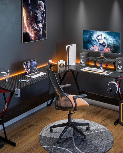 MOTPK L Shaped Gaming Desk 66 Inch, Gaming Computer Desk L Shape with Carbon Fiber Surface, Gamer Desk Gaming Table with Monitor Shelf, Cup Holder & Headphone Hook, Black - LeafyLoom