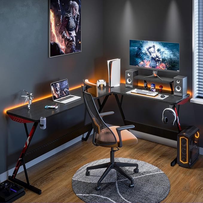 MOTPK L Shaped Gaming Desk 66 Inch, Gaming Computer Desk L Shape with Carbon Fiber Surface, Gamer Desk Gaming Table with Monitor Shelf, Cup Holder & Headphone Hook, Black - LeafyLoom