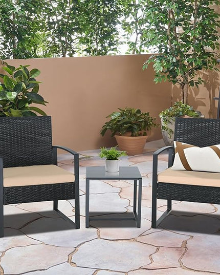 3 Pieces Patio Furniture Set, Outdoor Patio Set, Patio Bistro Set, All-Weather Wicker Conversation Set with Cushions Table for Porch Backyard (Black-Brown) - LeafyLoom