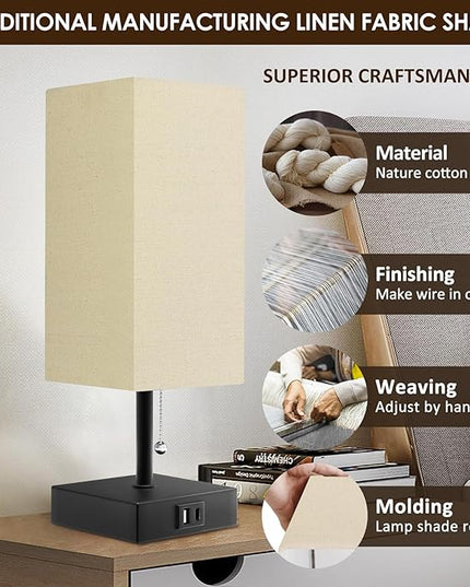 Bedside Lamp for Bedroom with USB Port, Beige Table Lmp with USB C + A Charging Ports, Pull Chain Nightstand Lamp with Fabric Shade for Living Room, Dorm, Home Office (LED Bulb Included) - LeafyLoom