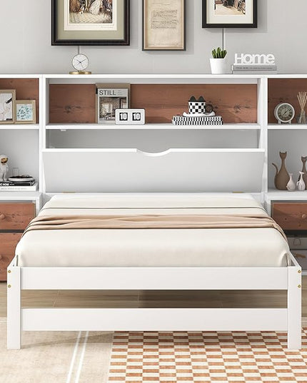 Merax Wood Bed Frame with Storage Headboard and Drawers, Twin Size Platform Bed with Nightstands, No Box Spring Needed White - LeafyLoom