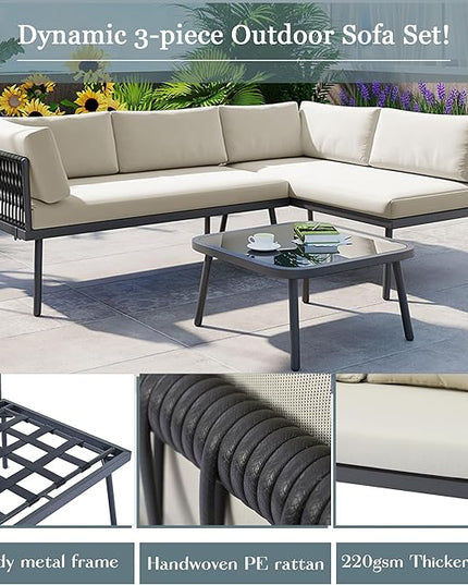3-Piece Outdoor Patio Furniture PE Rattan Sofa Set, All Weather L-Shaped Sectional Couch with Removable Cushions and Glass Table, for Backyard Poolside Garden, Metal Frame, Onesize, Beige - LeafyLoom