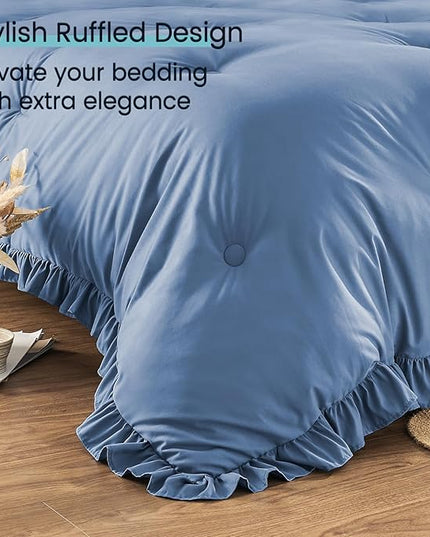 Full Bed in a Bag 7 Pieces Full Size Comforter Set, Ruffle Shabby Chic Bedding Comforter Set Blue Bed Set with Comforter, Pillowcases, Flat Sheet, Fitted Sheet and Pillow Shams - LeafyLoom