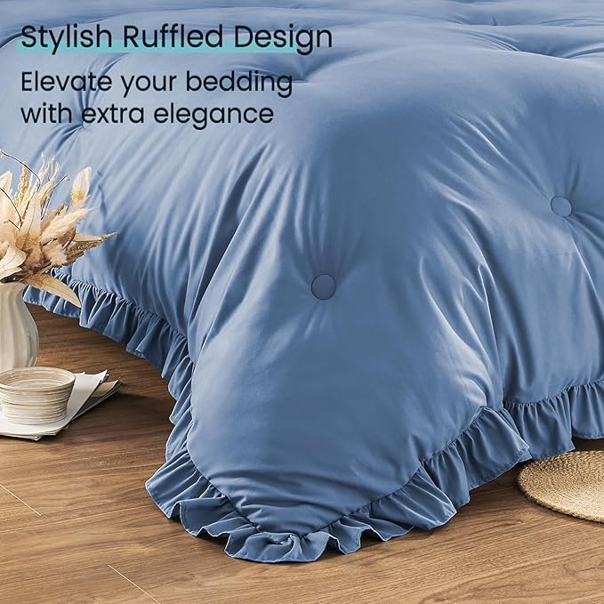 Full Bed in a Bag 7 Pieces Full Size Comforter Set, Ruffle Shabby Chic Bedding Comforter Set Blue Bed Set with Comforter, Pillowcases, Flat Sheet, Fitted Sheet and Pillow Shams - LeafyLoom
