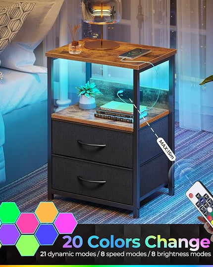 Seventable Nightstand with Charging Station, Bedside table with LED Lights, Night stand with 2 Fabric Drawers, 3-Tier Storage End Table for Bedroom, Rustic Brown - LeafyLoom