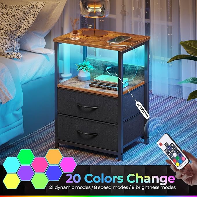 Seventable Nightstand with Charging Station, Bedside table with LED Lights, Night stand with 2 Fabric Drawers, 3-Tier Storage End Table for Bedroom, Rustic Brown - LeafyLoom