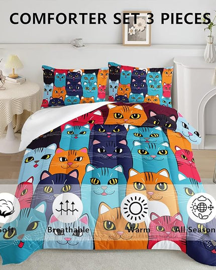 Axolotl Cartoon Cat Comforter Set Kids Bedding Full Size,Cute Colorful Cat Bedding Set for Kids Boys Girls Adults Teens Room Decor,Kids Comforter Set All Season,1 Comforter 2 Pillow Cases - LeafyLoom