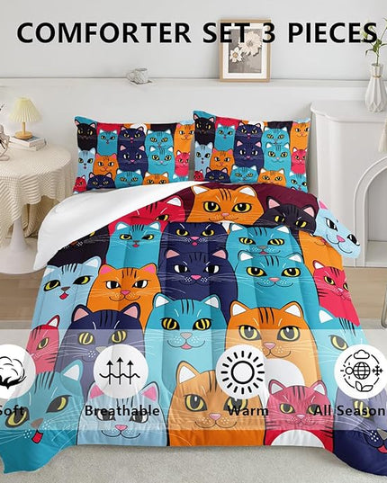 Axolotl Cartoon Cat Comforter Set Kids Bedding Queen Size,Cute Colorful Cat Bedding Set for Kids Boys Girls Adults Teens Room Decor,Kids Comforter Set All Season,1 Comforter 2 Pillow Cases - LeafyLoom