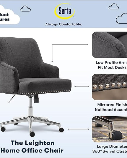 Serta Leighton Modern Office Chair, Stylish Mid-Back Desk Chair, Rivet Detail, Serta Quality Memory Foam, Armchair with Wheels, Vanity Chair, Swivel Chrome Metal Base, Twill Fabric, Dark Gray - LeafyLoom