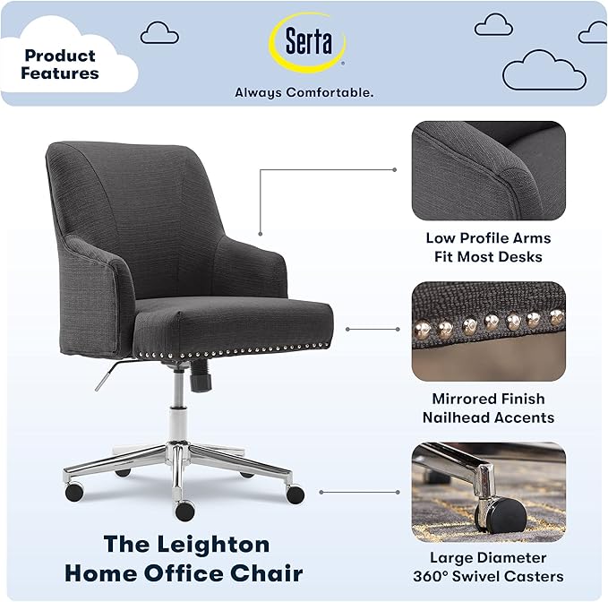 Serta Leighton Modern Office Chair, Stylish Mid-Back Desk Chair, Rivet Detail, Serta Quality Memory Foam, Armchair with Wheels, Vanity Chair, Swivel Chrome Metal Base, Twill Fabric, Dark Gray - LeafyLoom